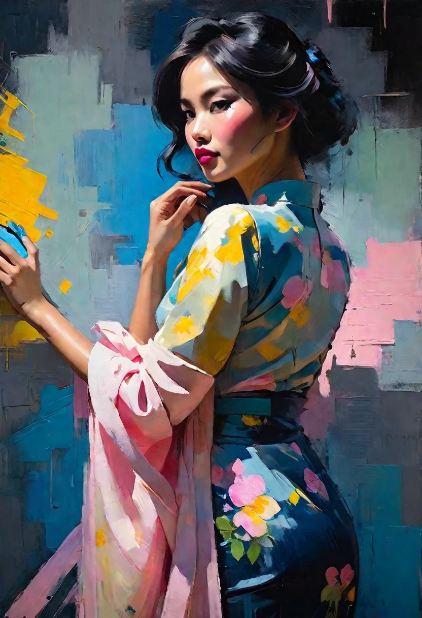 Create a contemporary portrait of a beautiful woman wearing Myanmar outfit dress in the expressive and painterly style of Malcolm Liepke, utilizing a palette of light pink, yellow . The portrait should feature a close-up of the subject's face with strong, dynamic brushstrokes and a focus on capturing the depth and texture characteristic of Liepke's work. Use light pink and bright blue for the highlights and vibrant areas, while employing muted blue, dark grayish blue, very dark gray, and light grayish blue to create shadows and depth. Ensure the background complements the portrait with subtle variations of the same color palette, evoking a sense of modern elegance and emotional intensity