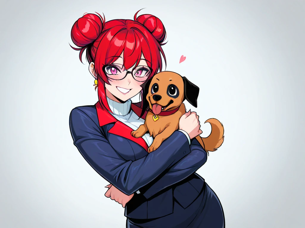 curvy red hair lady, double bun, hugging a little dog, smiling pretty face, wearing a tight jacket.
