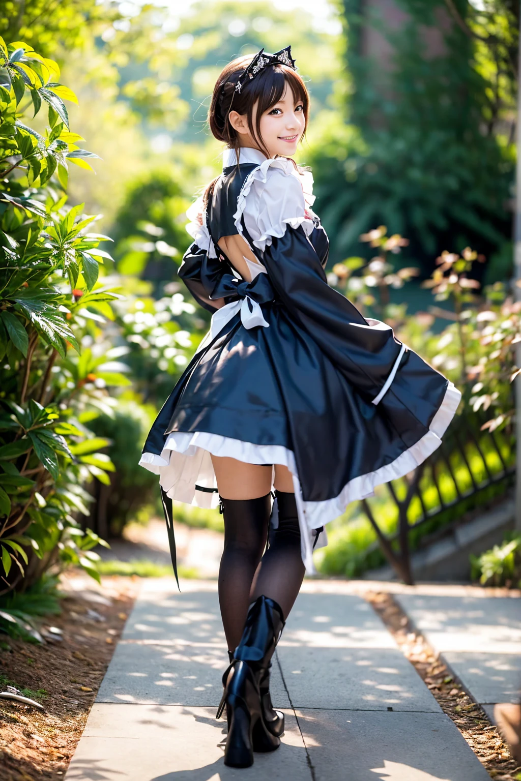 ((artistic photography)) Short dress,lace stockings Lolita sensual dark bright green,abandoned city and next to or train in a setting of ((night photography)) Lauren Jauregui, smiling cosplay expo body provided sexy