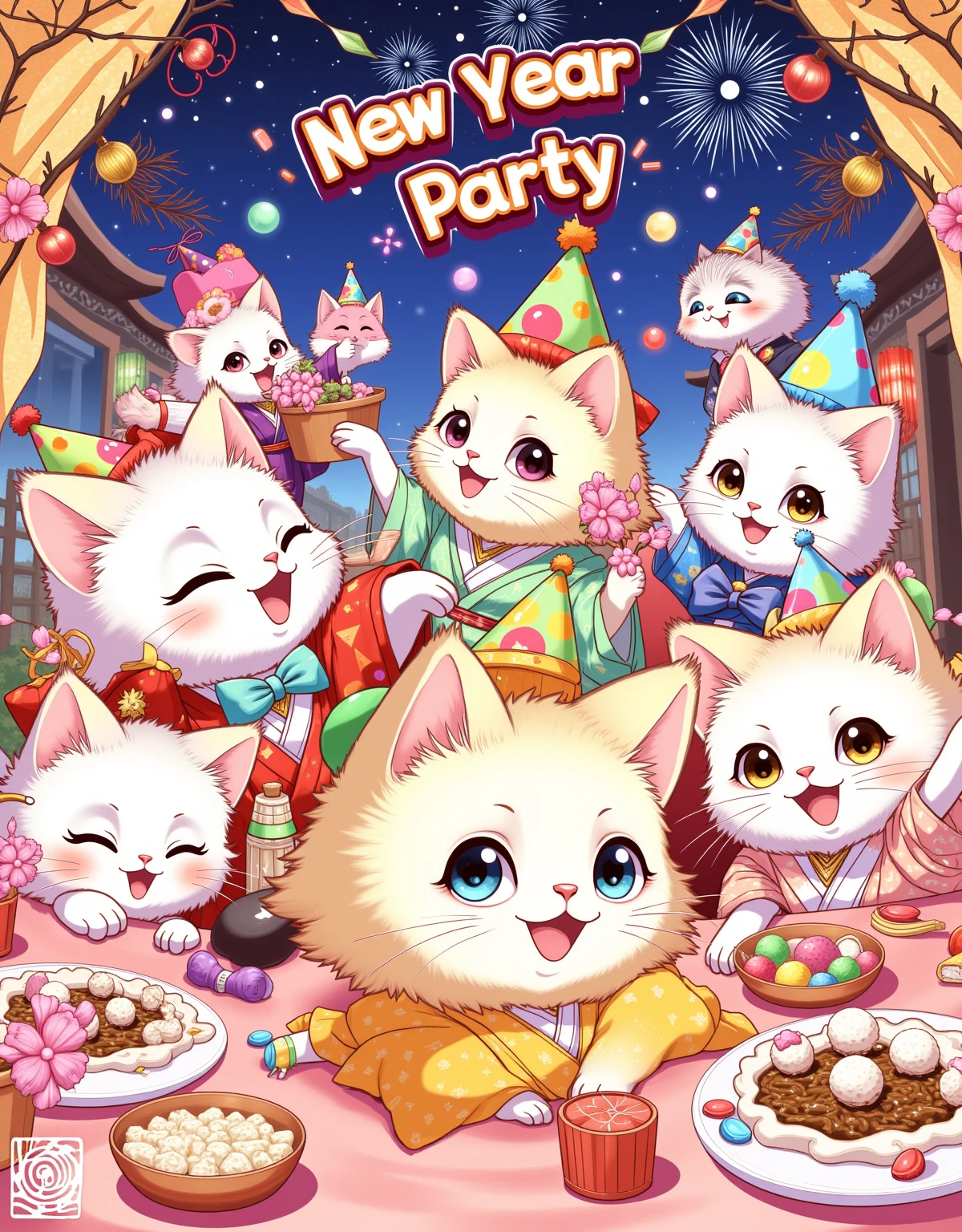 A lively New Year Party scene drawn in a fantasy anime style. The focus is on several cute kittens, with large, expressive eyes and dynamic poses. They are all wearing colorful, triangular party hats with exaggerated points. The kittens are dressed in playful, anime-inspired outfits, such as tiny kimonos with floral patterns, and little school uniforms with bright bows. The party is held in a vibrant, anime-style room filled with colorful decorations, such as paper lanterns, streamers, and cherry blossom branches. The tables are overflowing with delicious-looking treats, including colorful candies, rice balls, and small bowls of ramen. The background features a detailed night sky with cartoonish fireworks and the text "New Year Party" displayed in a playful font. The overall image is characterized by vibrant colors, dynamic action lines, and a lighthearted, energetic feel.