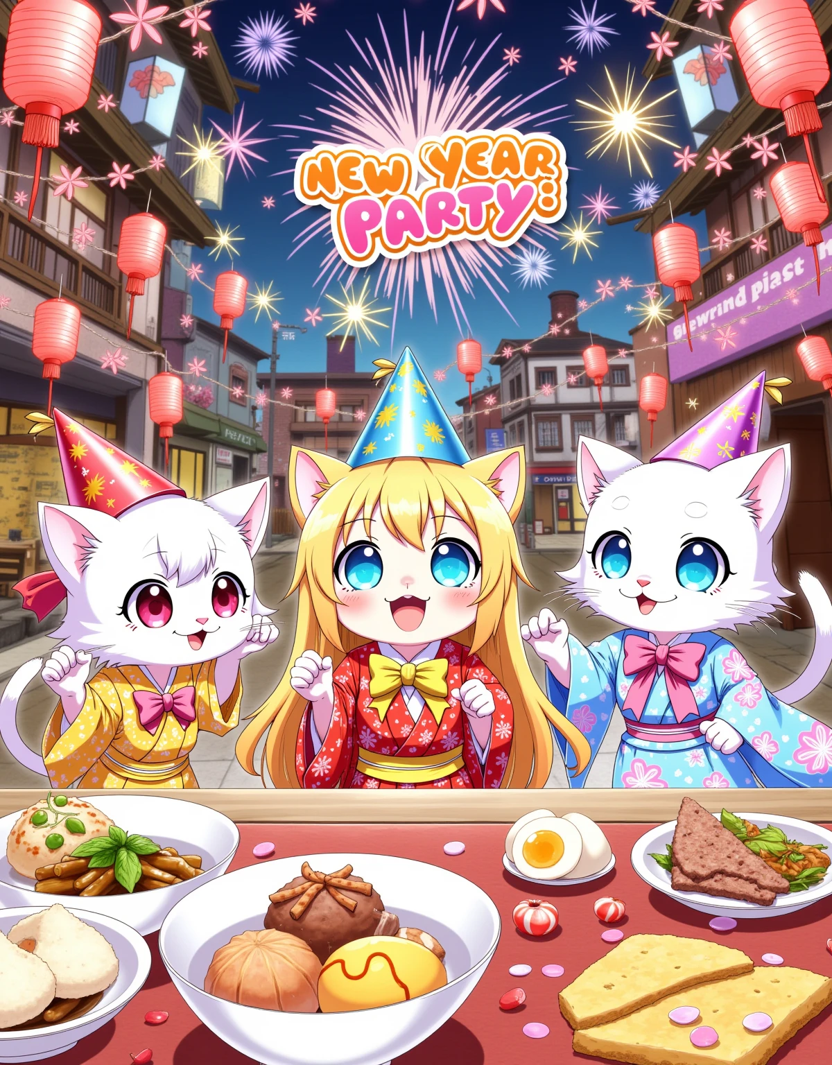 A lively New Year Party scene drawn in a fantasy anime style. The focus is on several cute kittens, with large, expressive eyes and dynamic poses. They are all wearing colorful, triangular party hats with exaggerated points. The kittens are dressed in playful, anime-inspired outfits, such as tiny kimonos with floral patterns, and little school uniforms with bright bows. The party is held in a vibrant, anime-style room filled with colorful decorations, such as paper lanterns, streamers, and cherry blossom branches. The tables are overflowing with delicious-looking treats, including colorful candies, rice balls, and small bowls of ramen. The background features a detailed night sky with cartoonish fireworks and the text "New Year Party" displayed in a playful font. The overall image is characterized by vibrant colors, dynamic action lines, and a lighthearted, energetic feel.