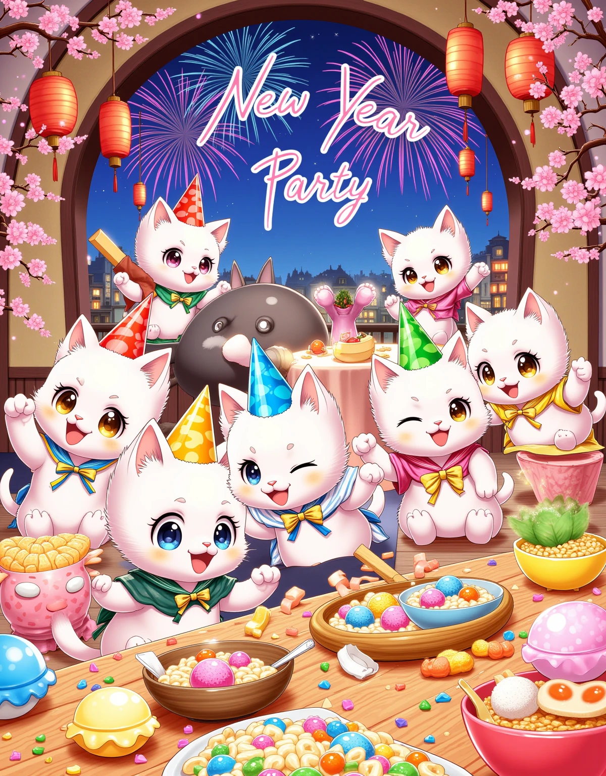 A lively New Year Party scene drawn in a fantasy anime style. The focus is on several cute kittens, with large, expressive eyes and dynamic poses. They are all wearing colorful, triangular party hats with exaggerated points. The kittens are dressed in playful, anime-inspired outfits, such as tiny kimonos with floral patterns, and little school uniforms with bright bows. The party is held in a vibrant, anime-style room filled with colorful decorations, such as paper lanterns, streamers, and cherry blossom branches. The tables are overflowing with delicious-looking treats, including colorful candies, rice balls, and small bowls of ramen. The background features a detailed night sky with cartoonish fireworks and the text "New Year Party" displayed in a playful font. The overall image is characterized by vibrant colors, dynamic action lines, and a lighthearted, energetic feel.