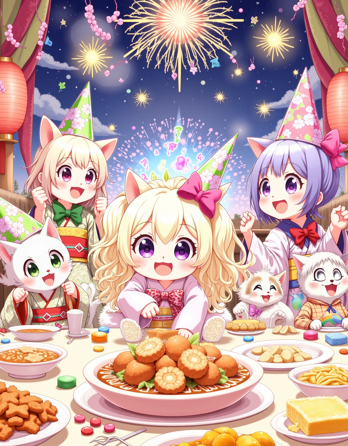 A lively New Year Party scene drawn in a fantasy anime style. The focus is on several cute kittens, with large, expressive eyes and dynamic poses. They are all wearing colorful, triangular party hats with exaggerated points. The kittens are dressed in playful, anime-inspired outfits, such as tiny kimonos with floral patterns, and little school uniforms with bright bows. The party is held in a vibrant, anime-style room filled with colorful decorations, such as paper lanterns, streamers, and cherry blossom branches. The tables are overflowing with delicious-looking treats, including colorful candies, rice balls, and small bowls of ramen. The background features a detailed night sky with cartoonish fireworks and the text "New Year Party" displayed in a playful font. The overall image is characterized by vibrant colors, dynamic action lines, and a lighthearted, energetic feel.