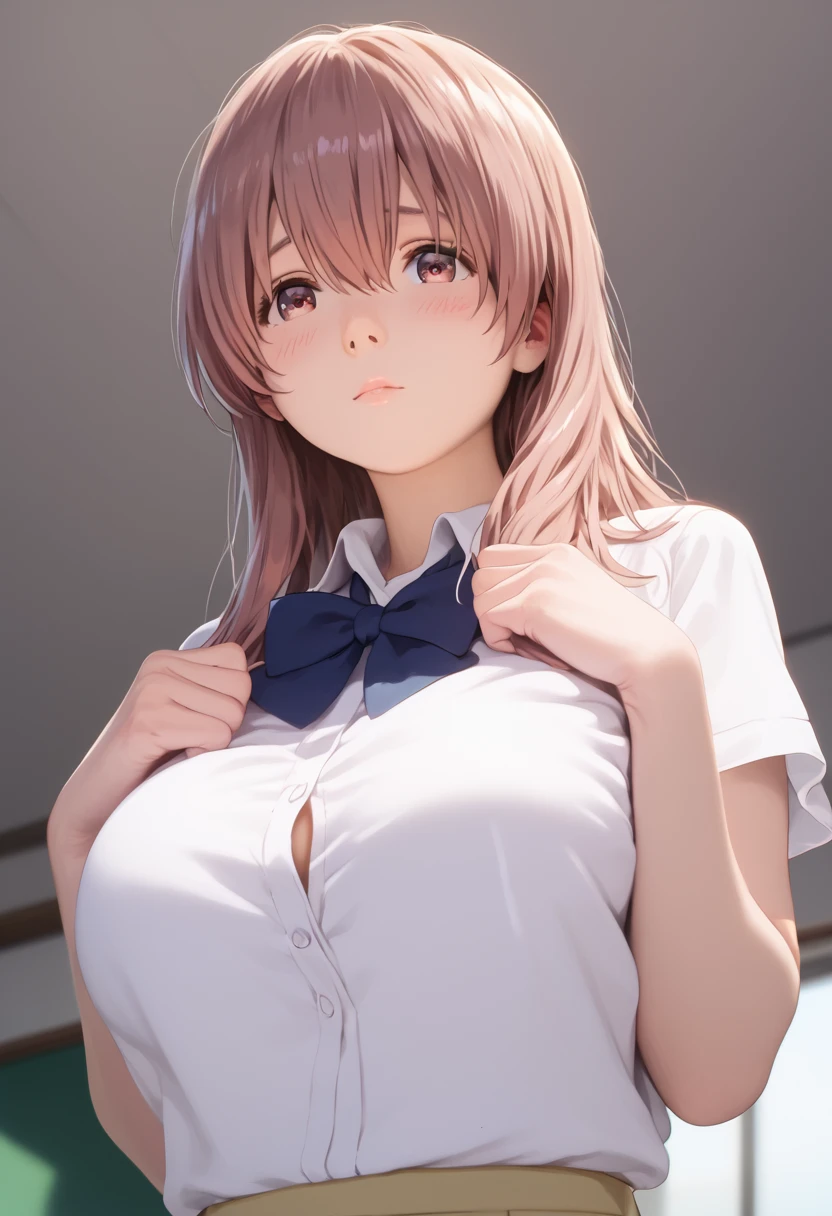 score_9,score_8_up,score_7_up,masterpiece,best quality, source anime, (photorealistic:0.4), hyperrealistic, 8k,photo,raw,super detailed, extreme detailed, rating_explicit, full body,
BREAK girl, shouko nishimiya, 18yo, long hair, pink brown hair, bangs between eyes, brown eyes, (large breasts:1.3),
shiny hair, beautiful detailed eyes, beautiful face, below average
(embarrassed:0.3), blush,medium shot
BREAK school white shirt, short sleeves, bare breasts,, blue bowtie,