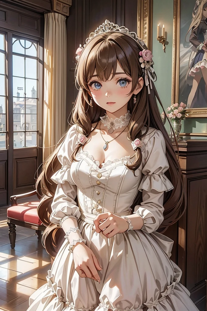  masterpieces at the front door of the house、 Anime Beautiful Girl、Age 19、（ Castle Room ）、（princess）、Princess 、Elegance、Lace pattern、Frills、ribbon、Floral decoration、 necklace、Collar ornament、Gemstone finisher、 accessories、Dispatch items、Living room 、principality