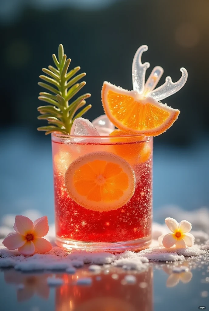 flower, outdoors, food, day, water, blurry, cup, no humans, fruit, depth of field, leaf, white flower, scenery, pink flower, drinking glass, drinking straw, drink, glass, watercraft, orange \(fruit\), boat, still life, orange slice, cocktail