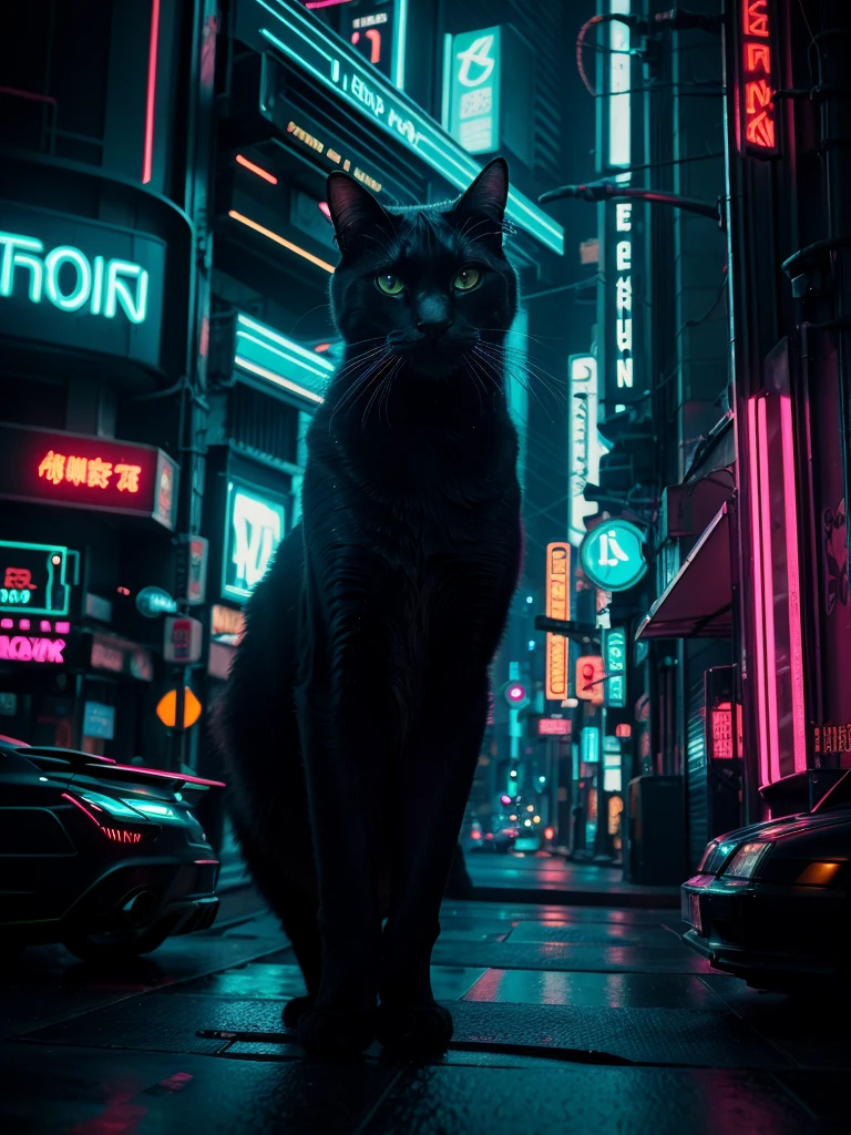 a big black cat in the futuristic cyberpunk neon tron world, cyberpunk city landscape, detailed intricate architecture, glowing neon lights, dramatic lighting, moody atmosphere, cinematic composition, vibrant colors, 8k, photorealistic, masterpiece, hyper detailed, intricate details