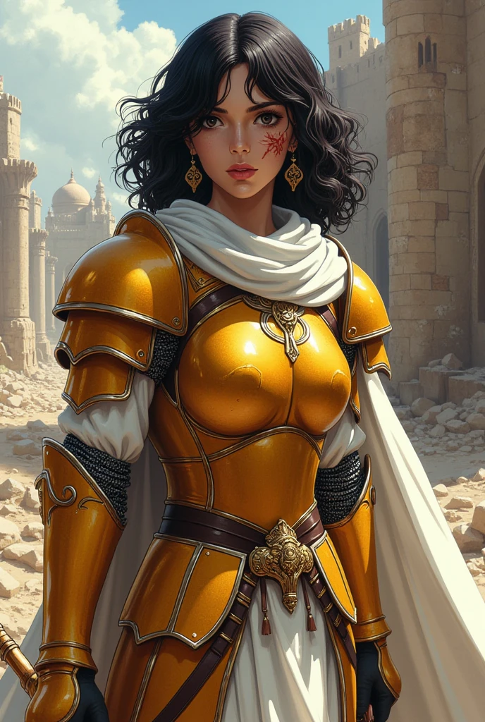 An arabian female knight, light brown eyes, black choppy curly bangs hairstyles, a serious face, amber color armor adorned with jewelry & sword, white robes, war wounds, conquered fortress background.