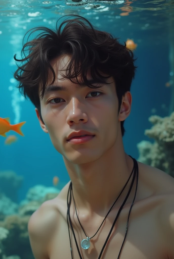 (Highest quality authentic textured skin),(abyssal), A muscular boy only wearing a small micro thong swims in the deep sea,alot of beautiful fishes around him, Delicate facial features,Burning bright and cold eyes,Sexy short beard,Strong body,Shirtless,Bronzed skin,musculous,(He had a mischievous smile on his face),brown hair,(Dramatic photo:1.4),(flamboyant photo),(Looking down),(A simple necklace hangs around his neck),(Hair flows in water),(Underwater, Marine life, Beautiful coral reef, Fish),(Vortices and tidal currents in the background),(Dramaticlight),(Magnificent scene),(Surrounded by beautiful fish),In the distant background is a temple submerged in a coral reef,the reef,Epic realism,Cinematic feeling,(high-density imaging review:1.5),(Soft color:1.2),Ultra detailed,Dramaticlight,(intricately details:1.1),the complex background,