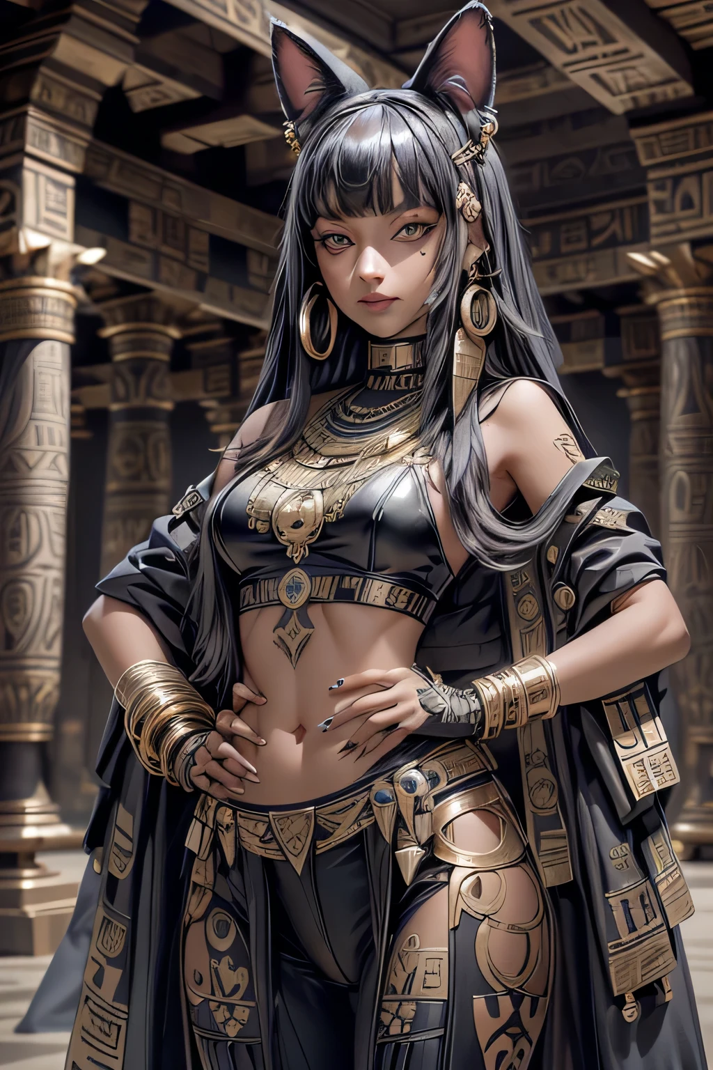 masterpiece, ultra hd, 8k,hdr, dynamic , blue eyes , hyper realistic, detailed background, finely detailed_body, small_ , slender,1girl, very long hairstyle, (deep black hair colour), (bright eyes:1.1), | ((small Egyptian loin cloth)), ((Egyptian gold bra with multi coloured gems and jewels)) , Egypt goddess ,Egypt , Anubis , Jackal_ears , see thru , Jackal ear,perfect eyes , ,Detailed face,Detailed eyes,Glowing Runes_gold, in indoor Egyptian temple, goth girl, Gothic, makeup, black lips, goth girl, Gothic, Realistic,( thigh up shot), loin cloth