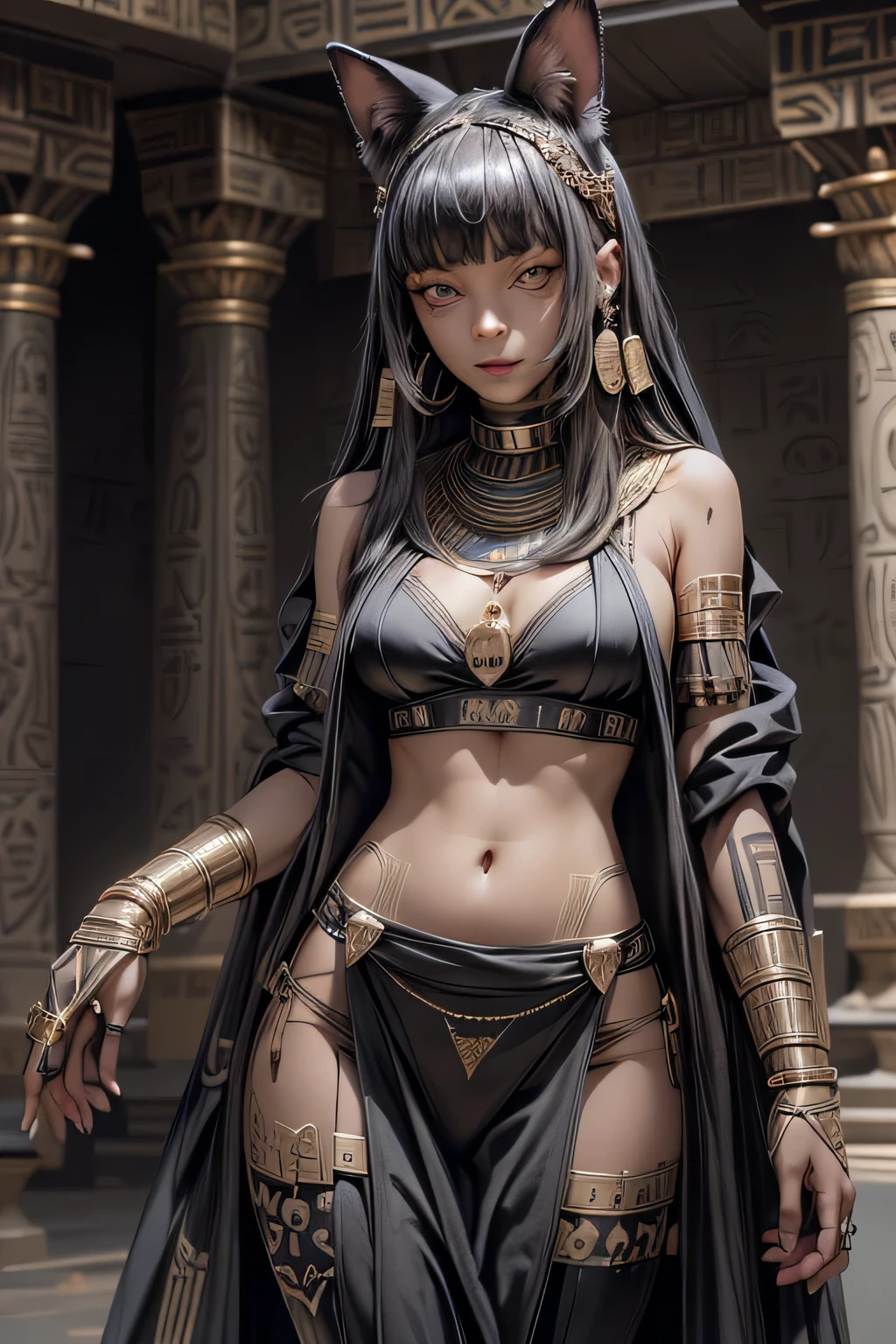 masterpiece, ultra hd, 8k,hdr, dynamic , blue eyes , hyper realistic, detailed background, finely detailed_body, small_ , slender,1girl, very long hairstyle, (deep black hair colour), (bright eyes:1.1), | ((small Egyptian loin cloth)), ((Egyptian gold bra with multi coloured gems and jewels)) , Egypt goddess ,Egypt , Anubis , Jackal_ears , see thru , Jackal ear,perfect eyes , ,Detailed face,Detailed eyes,Glowing Runes_gold, in indoor Egyptian temple, goth girl, Gothic, makeup, black lips, goth girl, Gothic, Realistic,( thigh up shot), loin cloth