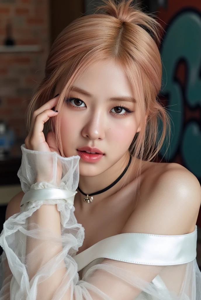 Realistic (photorealistic Realism), (high resolution), ((intricately detailed digital art)), professional photography, ((portrait)) a [[Rosé from blackpink]], (ultra realistic texture details: velvety skin, hair),(close- up eyes:1.3),((sharp focus, no blurry, high resolution, absurd quality, Realistic brown_eyes:1.4), intricately detailed:1.3), ((extremely fine details eyes)), ((extra narrow eyebrows)), (Carefully draw Long eyelashes), (perfect round eyes:1.3), (finely detailed pupils:1.3), ((extremely fine details pupils:1.3)), ((extremely fine details iris of the eyes:1.3)), (Shining, mesmerizing, Vibrant eyes:1.2), (professional makeup:1.4), ((perfect eyeshadows:1.4)), detailed lips:1.3, (apply glossy red_lipstick:1.34), (pink_makeup:1.3), (beautiful little nose), (perfect proportions:1.2),(small head),(anatomically correct), perfect female body, (firm and full breasts), (Super beautiful), (vivid and colorful), The attention to detail, focus of girl, dynamic pose, sexy and seductive, flirty smile, dslr, high quality split lighting, sharp focus captured by Fujifilm XT3, f 5.6, in a dramatic lighting. (perfect composition), (Style your hair, Long Hair, Blonde, My hair is messy, ((pink)) highlights, has hair on one eye), choker, ((Brick wall, Graffiti)), (oversized shirt,Outside the shoulder, transparent white shirt), exquisite balance of shadows, look at the viewer,