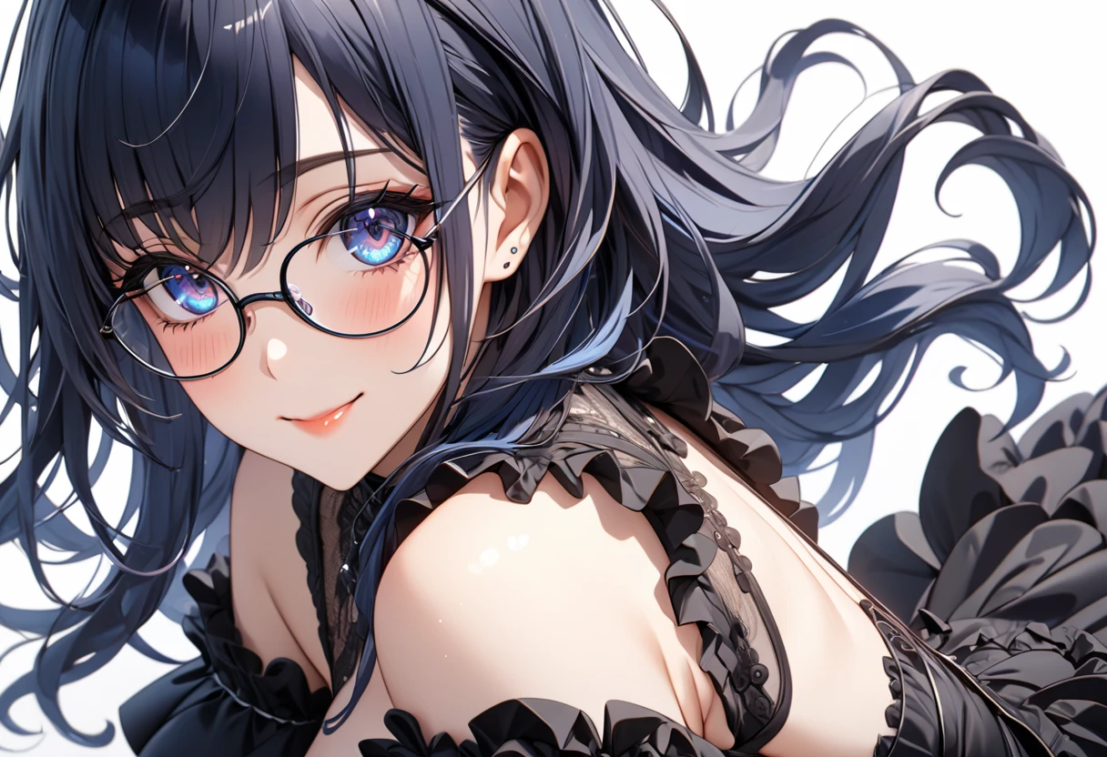 ((dark blue eye,dark blue hair,[yellow inner hair],mole under left eye,Alone)),(masterpiece, best quality, ultra detailed,  highres icon,1girl),busty,model-like physique,Alone,white background,big eyes,8k,light makeup,shiny skin,blushing like crazy,glossy lip,very beautiful red nails,,swept bangs,detailed eyes, wearing glasses,((smile)),Goth girl,dress with lace and ruffles,Mole at the bottom of the left eye, Bold Poses, thighs, very beautiful