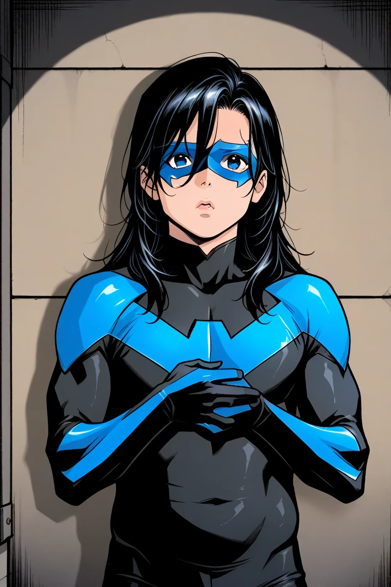 Back Alley,  Japanese with a cool and handsome face ,  beautiful young young man 18 years old , nightwing costume, Nightwing eye mask height 190 cm,  long hair,  long bangs,  plump lips,Nightwing cornered by a wall, Raise your hands and surrender,  frightened,