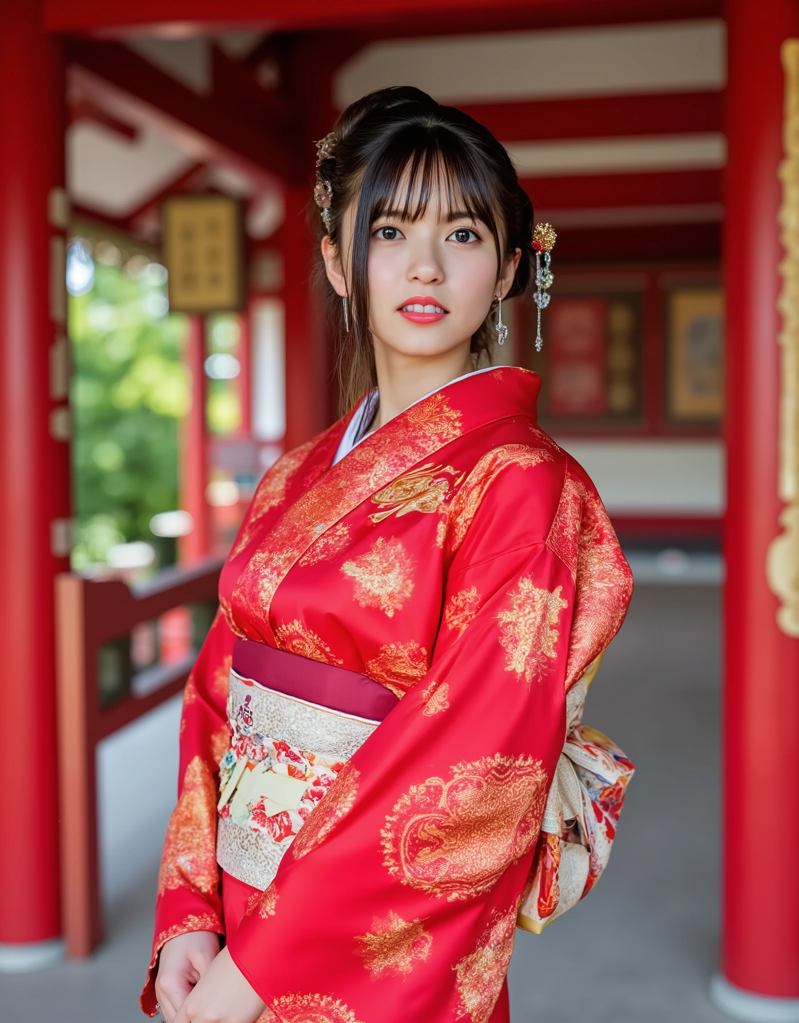 highest image quality taken by Ki、 Photorealistic、 anatomically accurate human body structure、Awareness-raising、 absurd、Professional photography、 upper body shot above the knee 、 Japanese girl standing wearing a gorgeous Japanese kimono、 realistic pictures of the garden、 the face of a top Japanese idol 、 Japanese New Year、first visit of the year to a shrine、 Japanese shrines 、New Year's pine decoration、Very bright expression、Smiling Japanese girl 、Saito Asuka、 High Quality 、One young woman、26 year old very cute woman、Height: 158cm、Slim slender figure 、 watching here、 is staring at me with kind eyes、Japan's gorgeous and beautiful red sunny clothes 、 wearing beautiful Japanese kimonos 、I can see a gorgeous and beautiful Japanese kimono obi 、Very beautiful hair ornament 、With bangs、Hairstyles that match kimonos 、 detailed and realistic eyes、 beautiful catchlight on the eyes、 detailed and realistic long eyelashes 、 detailed and realistic eyebrows 、 detailed and realistic moisturized lips 、Detailed and beautiful black hair 、 only one woman and no others 、Show your hands as little as possible、Accurate hand shape、Accurate finger count、Accurate hand finger shape 、