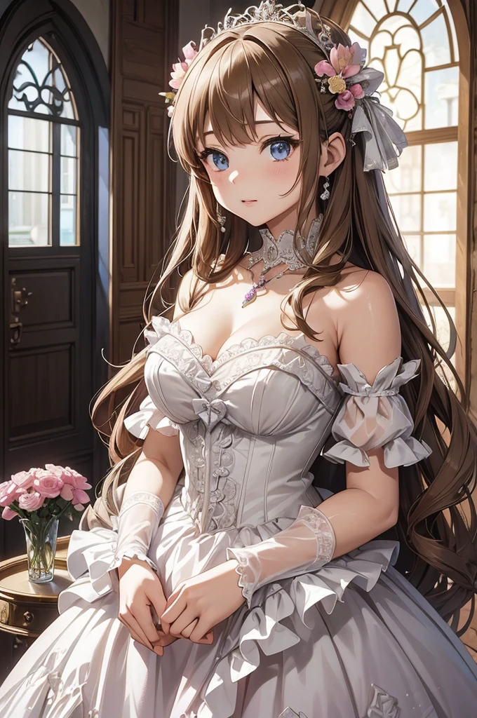  masterpieces at the front door of the house、 Anime Beautiful Girl、Age 19、（ Castle Room ）、（princess）、Princess 、Elegance、Lace pattern、Frills、ribbon、Floral decoration、 necklace、Collar ornament、Gemstone finisher、 accessories、Dispatch items、Living room 、principality