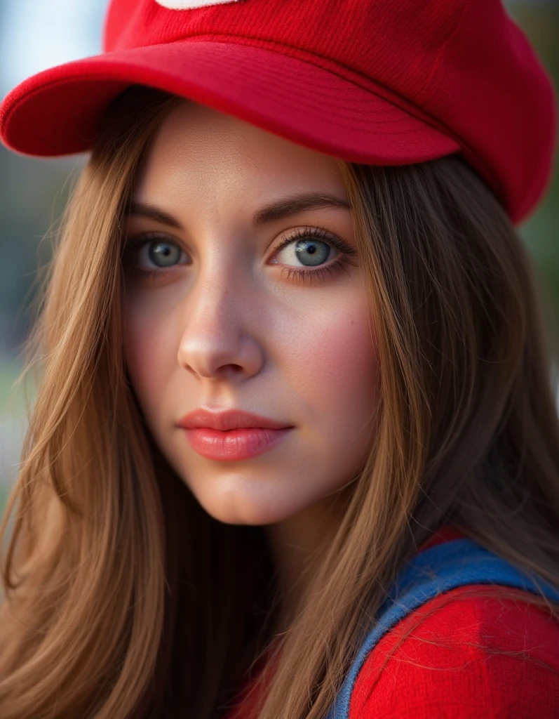 cinematic photo Portrait of girl as super Mario, red hat, fantasy, highly detailed, digital painting, artstation, concept art, sharp focus, illustration, art by Tony Sart and artgerm and randy vargas, 35mm photograph, film, bokeh, professional, 4k, highly detailed