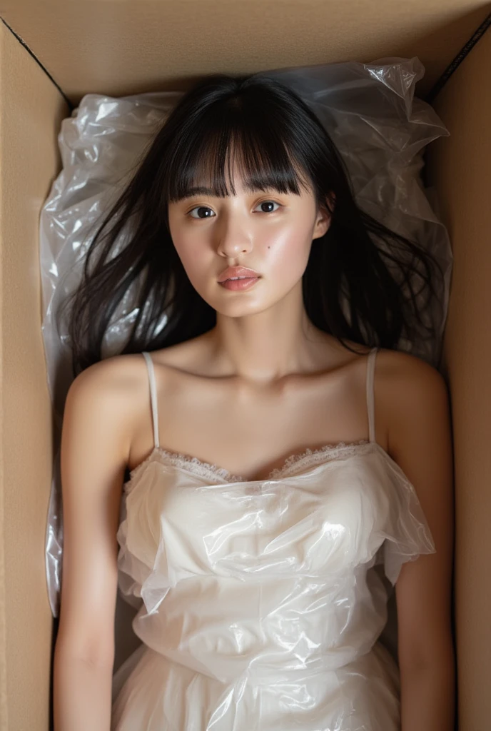 The high resolution photograph of a young Japanese woman, realistic, photo-realistic, masterpiece, best quality, intricate details, extremely detailed, sharp focus, professional lighting, (front view, from above:1.2), solo, 1girl, (lying on her back without expression on her face, lying face up inside a life-sized cardboard box filled with small foam polystyrene cushioning material, a transparent plastic bag all over her whole body, instruction manual in the cardboard box:1.2), (fully open mouth:1.5), glamorous body, small head, straight long black hair with blunt bangs, pale skin, fine-textured skin, shiny skin, natural make-up, large breasts, wearing a sundress, anatomically correct proportions,