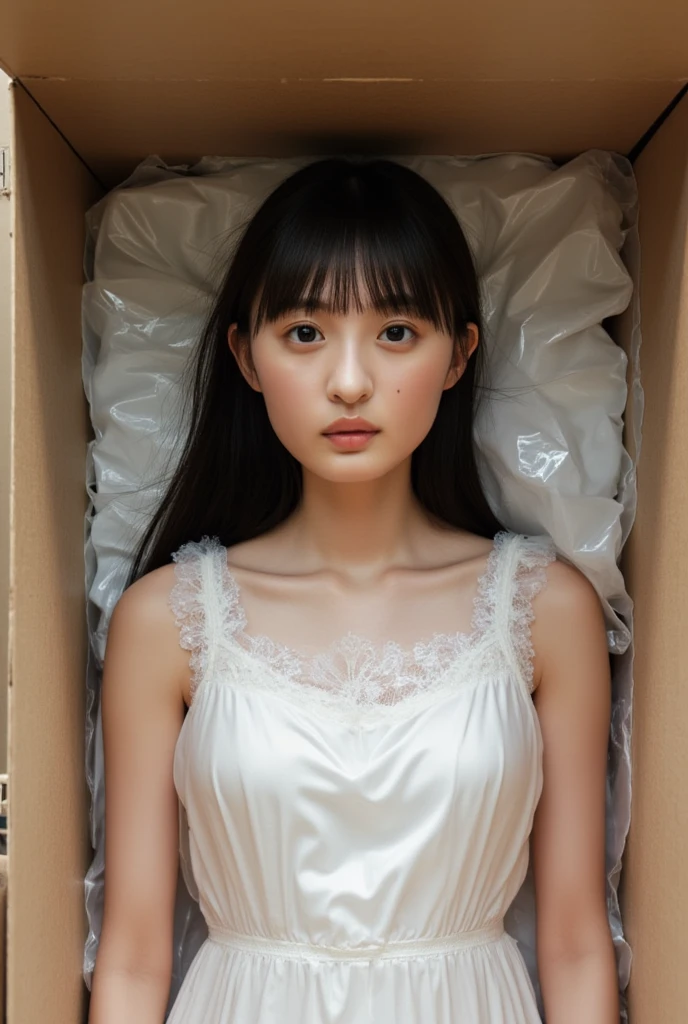 The high resolution photograph of a young Japanese woman, realistic, photo-realistic, masterpiece, best quality, intricate details, extremely detailed, sharp focus, professional lighting, (front view, from above:1.2), solo, 1girl, (lying on her back without expression on her face, lying face up inside a life-sized cardboard box filled with small foam polystyrene cushioning material, a transparent plastic bag all over her whole body, instruction manual in the cardboard box:1.2), (fully open mouth:1.5), glamorous body, small head, straight long black hair with blunt bangs, pale skin, fine-textured skin, shiny skin, natural make-up, large breasts, wearing a sundress, anatomically correct proportions,