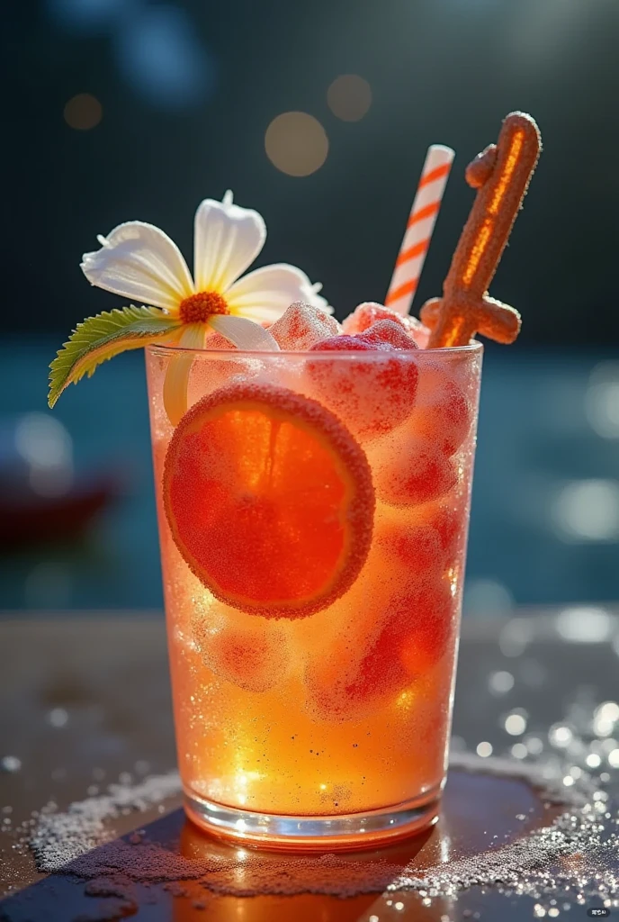 flower, outdoors, food, day, water, blurry, cup, no humans, fruit, depth of field, leaf, white flower, scenery, pink flower, drinking glass, drinking straw, drink, glass, watercraft, orange \(fruit\), boat, still life, orange slice, cocktail