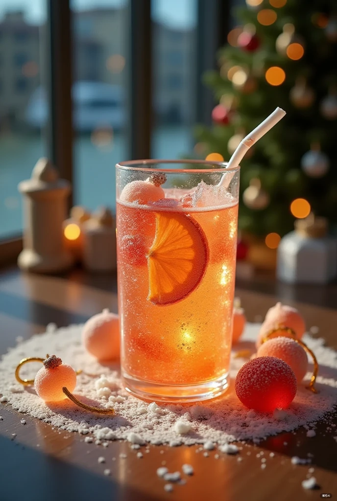 flower, outdoors, food, day, water, blurry, cup, no humans, fruit, depth of field, leaf, white flower, scenery, pink flower, drinking glass, drinking straw, drink, glass, watercraft, orange \(fruit\), boat, still life, orange slice, cocktail