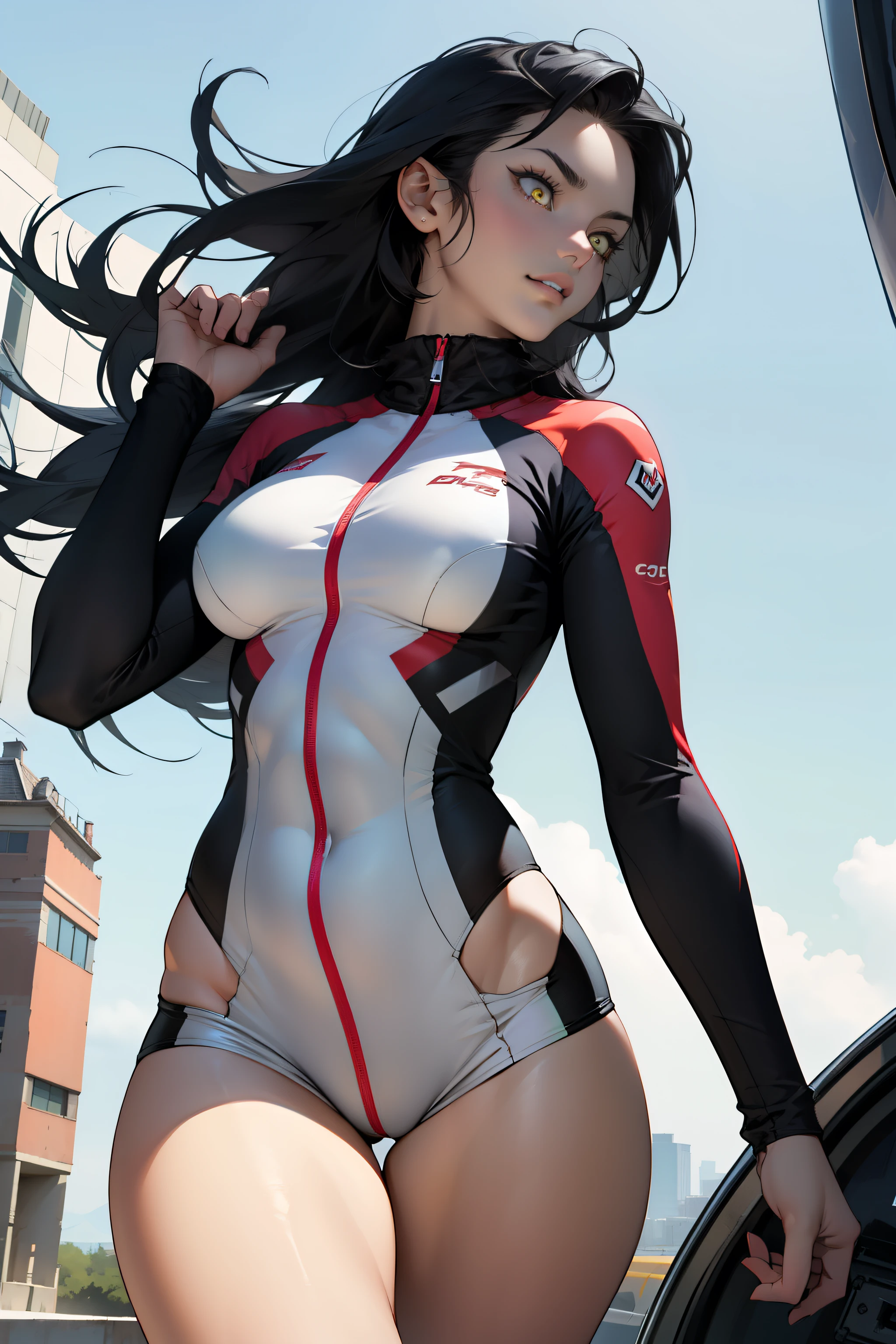 beautiful, perfect eyes, perfect face, perfect lighting, 1girl, black twin tails, split-color hair, pink and black hair, two piece bikini, large breasts, wide hips, cyberpunk background (masterpiece:1.3) ultra detailed illustration, (masterpiece:1.2), (best quality:1.2), UHD, UHD, UHD, UHD, UHD, ccurate, textured skin, high details, award winning, highres, anatomically correct