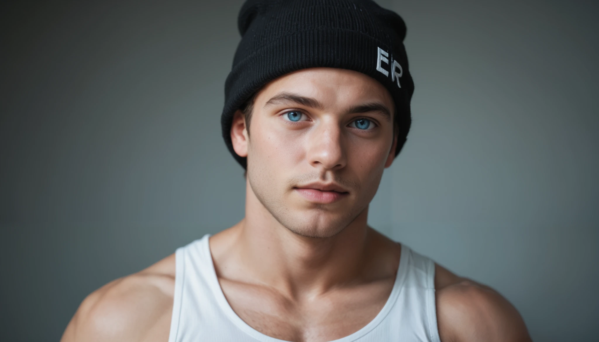 A detailed, hyper-realistic shot of a young, incredibly attractive male singer staring directly into the camera with electric blue eyes full of emotion and allure. He wears a black knitted beanie and a white tank top with the word 'MEDEO' printed in bold, eye-catching letters. His skin is flawlessly realistic, capturing every pore, slight blemish, and natural glow. The composition is balanced with warm lighting on his face and blurred neon colors in the background, evoking a modern, urban atmosphere.