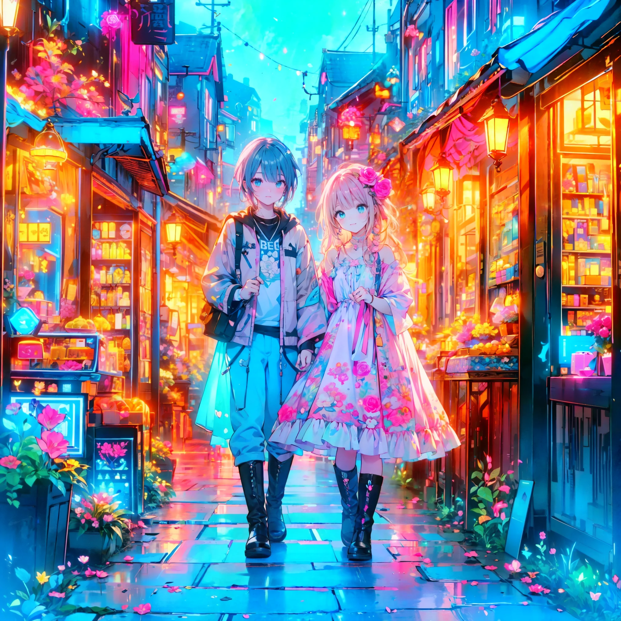 ( masterpiece : 1.2), ( very detailed: 1.2), ( very detailed CG: 1.2), ( high image quality : 1.2), (最 high image quality ), 8k, animated illustration , 、 beautiful girls 、とても cute天使、 pink gothic dress 、 cute、、smile、 long skirt、 Black Long Boots 、 grey pink pants ,Turquoise Eye, cute女性 ,street, Candy Store , sign,European Buildings,slate paved ,Rose flower,