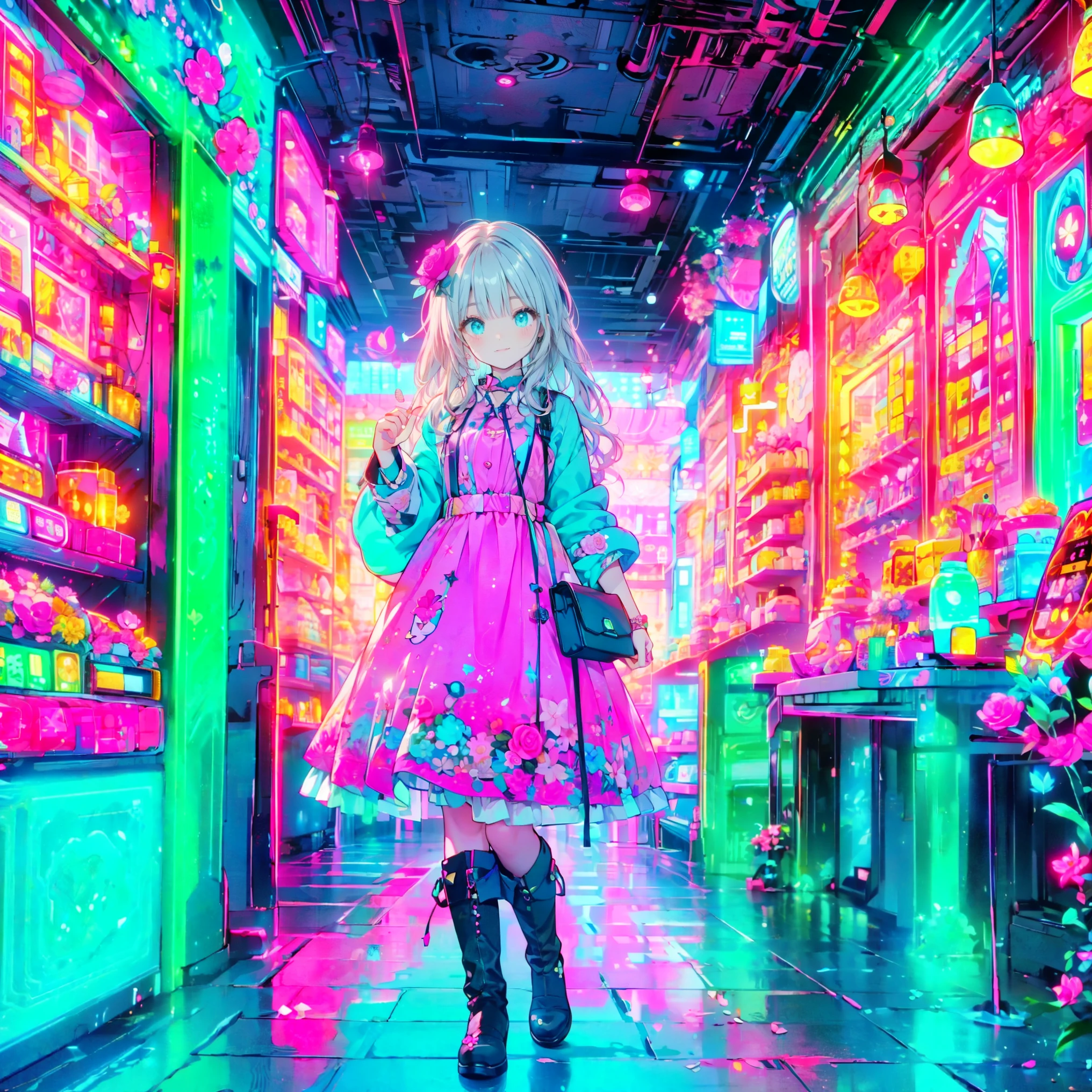 ( masterpiece : 1.2), ( very detailed: 1.2), ( very detailed CG: 1.2), ( high image quality : 1.2), (最 high image quality ), 8k, animated illustration , 、 beautiful girls 、とても cute天使、 pink gothic dress 、 cute、、smile、 long skirt、 Black Long Boots 、 grey pink pants ,Turquoise Eye, cute女性 ,street, Candy Store , sign,European Buildings,slate paved ,Rose flower,