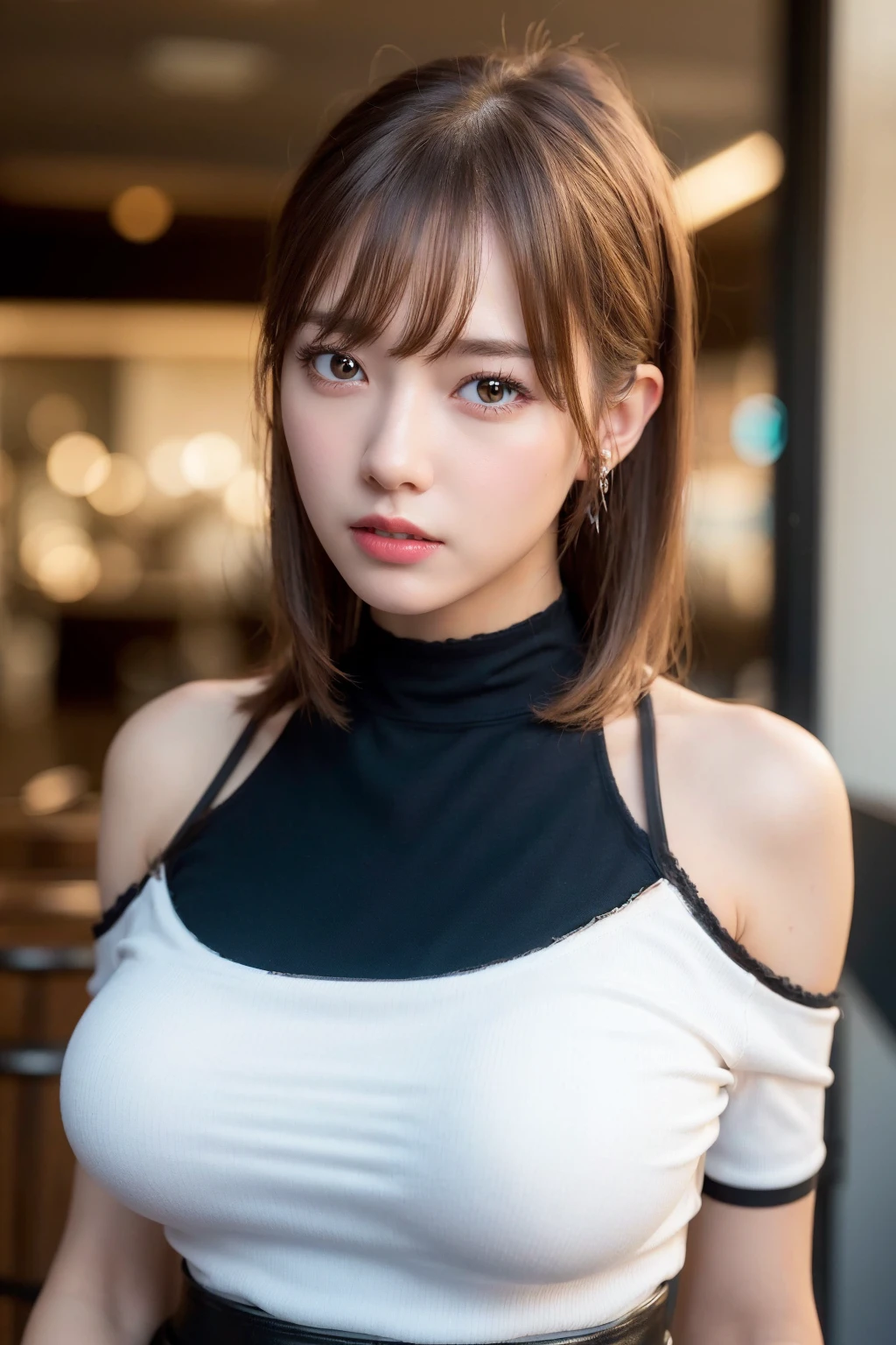 best quality, ultra high res, (photorealistic:1.4), 1girl, off-shoulder white shirt, black tight skirt, black choker, (faded ash gray hair:1), (huge breasts:1.2), looking at viewer, closeup 