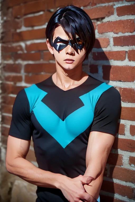 Back Alley,  Japanese with a cool and handsome face ,  beautiful young young man 18 years old , nightwing costume, Nightwing eye mask height 190 cm,  long hair,  long bangs, ,Nightwing cornered by a wall, Raise your hands and surrender,  frightened,