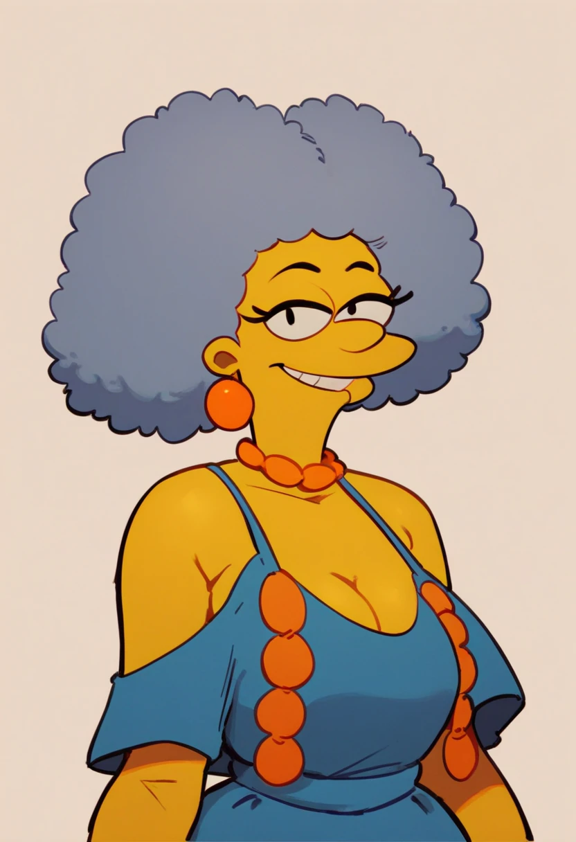 <lora:Selma Bouvier:0.8> anatomically correct, masterpiece, best high quality, ultra details, realistic, RAW Photo, perfect anatomy, 4k, 8k, quality lighting, detailed hands, detailed eyes, (solo:1.2), plumb, mature woman, Selma Bouvier, gray hair, blue dress, yellow skin, looking at viewer, black eyes <lora:BGV5EX:1> <lora:add_detail:1>
