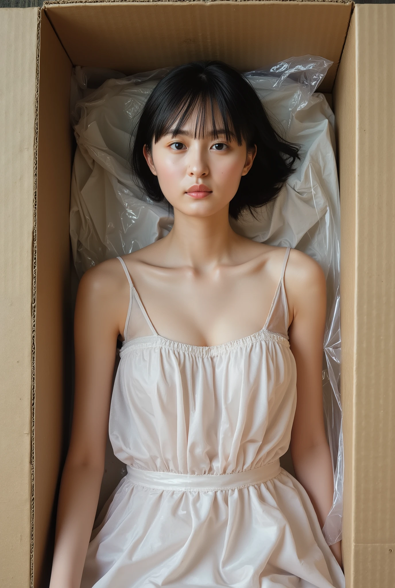 The high resolution photograph of a young Japanese woman, realistic, photo-realistic, masterpiece, best quality, intricate details, extremely detailed, sharp focus, professional lighting, (front view, from above:1.2), solo, 1girl, (full open mouth, lying on her back without expression on her face, lying face up inside a life-sized cardboard box filled with small foam polystyrene cushioning material, a transparent plastic bag all over her whole body, instruction manual in the cardboard box:1.2), glamorous body, small head, short black hair, pale skin, fine-textured skin, shiny skin, natural make-up, large breasts, wearing a sundress, anatomically correct proportions,