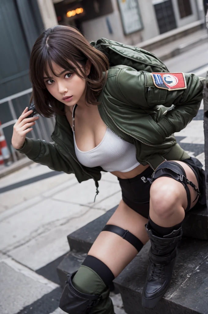 (masutepiece), (Best Quality), Realistic, Photorealism, 1girl in, Beautiful Girl, Perfect face, Perfect body, Sexy, (((Upper body wearing only moss green MA-1 jacket)))、(((Do not close the zipper))), No bra, Braless, Smile、Taut、Toned waist、fascinating butt、Don't wear panties、(((Wearing MA1 jacket only)))、Wearing a pistol holder on the thigh、Smile full of happiness、Attractive pretty woman、Detailed cute big blue eyes、Detailed cute face、complexion with good blood circulation、pink cheek、Dark brown medium hair、(((stick out)))、 ((Expression in a state of excitement))、(((The upper body is almost naked,)))、(((Pubic hair is visible in the crotch)))、(((Lower body naked)))、(((Panoramic view of the lower body)))、(((Trying to hide the crotch with your hands)))、((((During hard sex:1.3))))、(((SEX)))、((yawning being))、(((Sex on all fours)))、((short-hair))、Smile full of happiness、Angle from below
