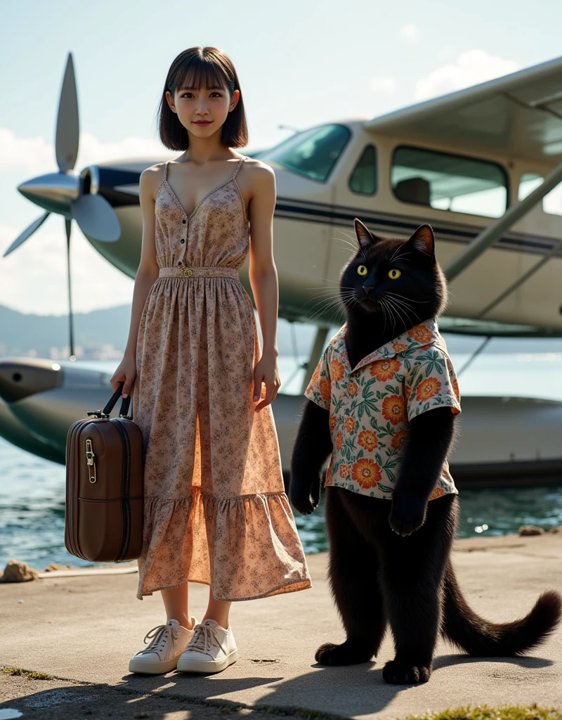 ultra-realistic, photorealistic, dramatic scene, shadow, global-illumination, solo, 1 girl\( 20 years old Japanese beautiful girl, beautiful with cute face, wearing a cute patterned one-piece dress with long skirt, pastel camisole, shoulder-length brown hair, accessories, simple sneaker, elegant hat\), 1 human-like giant black cat\( human-like giant black cat, bow tie, wearing a conservative aloha-shirt, slight taller than the girl, with her, wearing an dark colored aloha-shirt, holding a large suits case, little chubby\), the girl and human-like giant black cat are standing at the private flying boat port, (there is a flying boat with single propeller and equipped wing-mounted floats taking off from the sea), monoplane