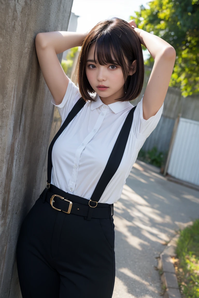(8k, 超A high resolution, highest quality, Tabletop:1.2),(18-year-old:1.2)、(avert your eyes)、8k、RAW portrait of a Japanese girl、Photorealistic、超A high resolution、highest quality、 (Huge breasts、Button up all your shirts:1.4)(school uniform、Pure white dress shirt、Check pleated mini skirt:1.35)、(On the street:1.2) break (Natural skin texture、Fine skin、Hyperrealism、Ultra Sharpness)、Intricate details、Written boundary depth(Please wear a white shirt under the skirt:1.3)、Show me your armpits、Navy Check Pleated Micro Mini Skirt(Black short bob、Thong、Black Loafers、Black Stockings:1.2)、((Sexual seduction pose:1.5))、((Panties:1.5))、