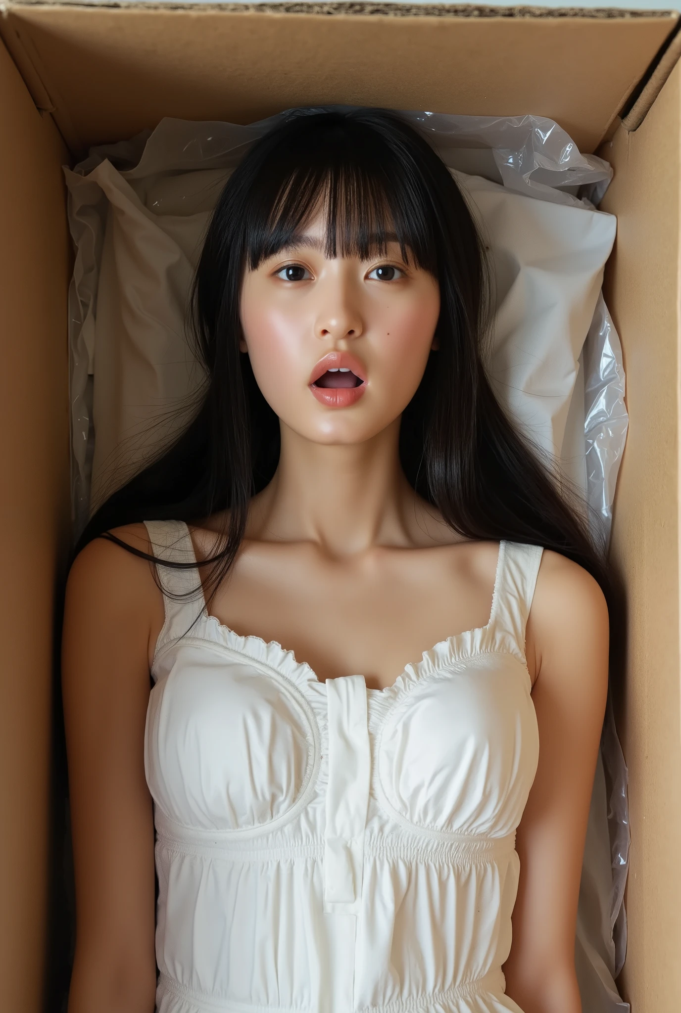 The high resolution photograph of a young Japanese woman, realistic, photo-realistic, masterpiece, best quality, intricate details, extremely detailed, sharp focus, professional lighting, (front view, from above:1.2), solo, 1girl,  (fully open mouth, widely open mouth:1.5), (lying on her back without expression on her face, lying face up inside a life-sized cardboard box filled with small foam polystyrene cushioning material, a transparent plastic bag all over her whole body, instruction manual in the cardboard box:1.2), glamorous body, small head, straight long black hair with blunt bangs, pale skin, fine-textured skin, shiny skin, natural make-up, large breasts, wearing a sundress, anatomically correct proportions,