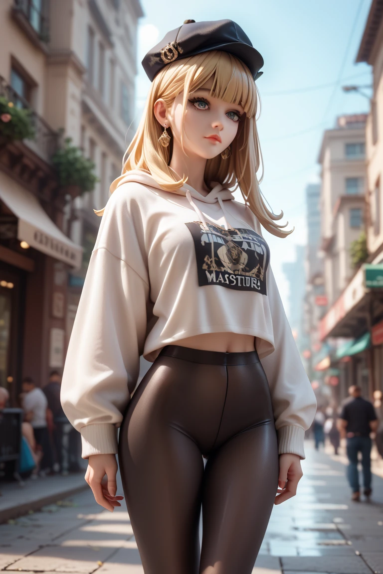  1 girl,  in extremely tight shiny sweatshirt,  goes through the city , leggings,  Hidden hair coloring, Hime Cut,  blonde hair , Lens reflection,  reflecting light , high resolution,  masterpiece, Mafia hat , 