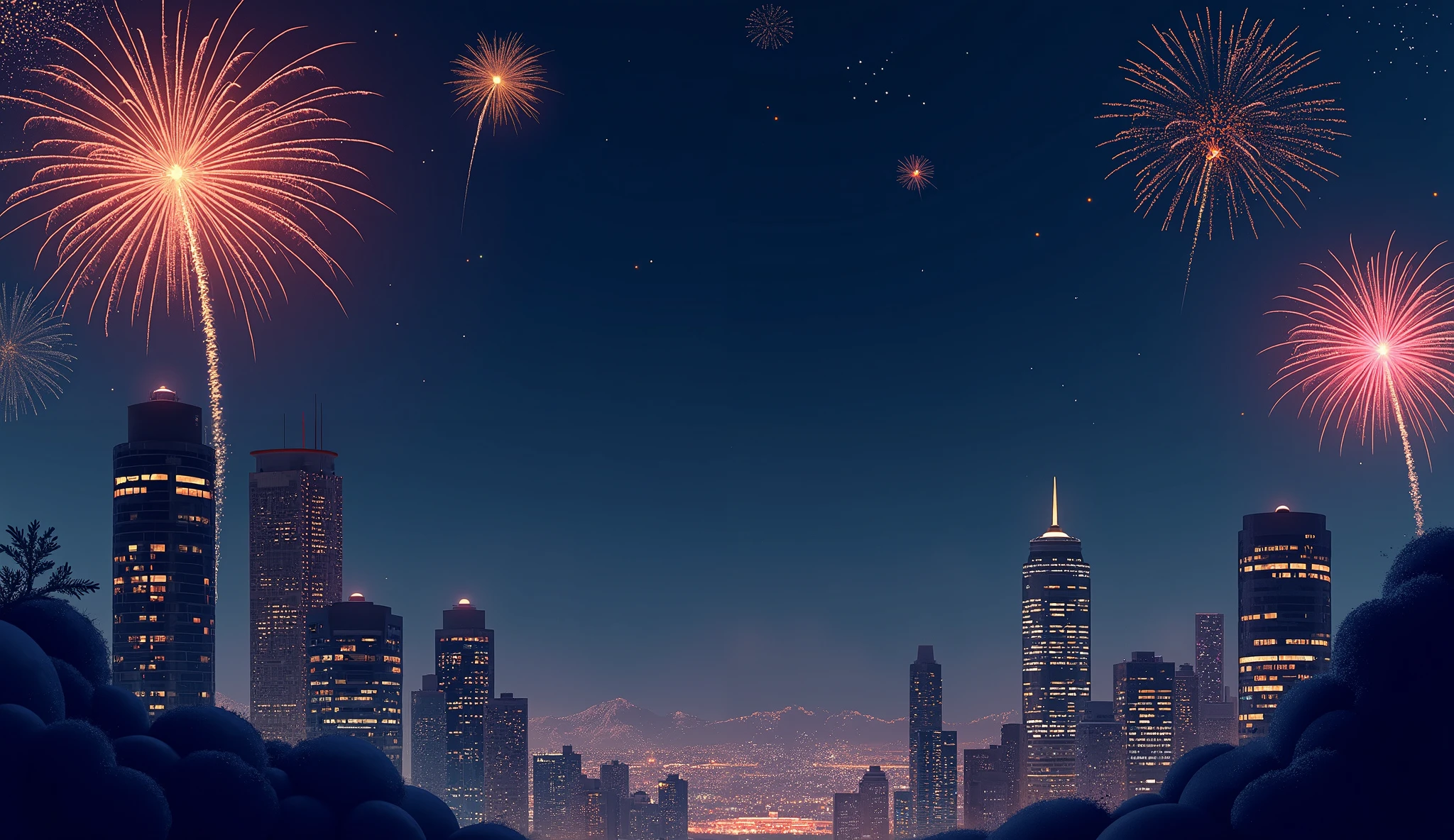 "Create a simple yet vibrant night-time cityscape background for a New Year event, with space at the center or bottom for text. The scene features tall skyscrapers with soft glowing lights under a dark, starry sky. Fireworks are subtly bursting in the background with soft, colorful explosions in gold and red, creating a festive atmosphere without overwhelming the scene. Leave a large, open space in the center or lower part of the poster for text, with a gentle glow to frame the area. The overall mood is celebratory, lively, and optimistic, with vivid colors and soft lighting contrasting against the dark sky."