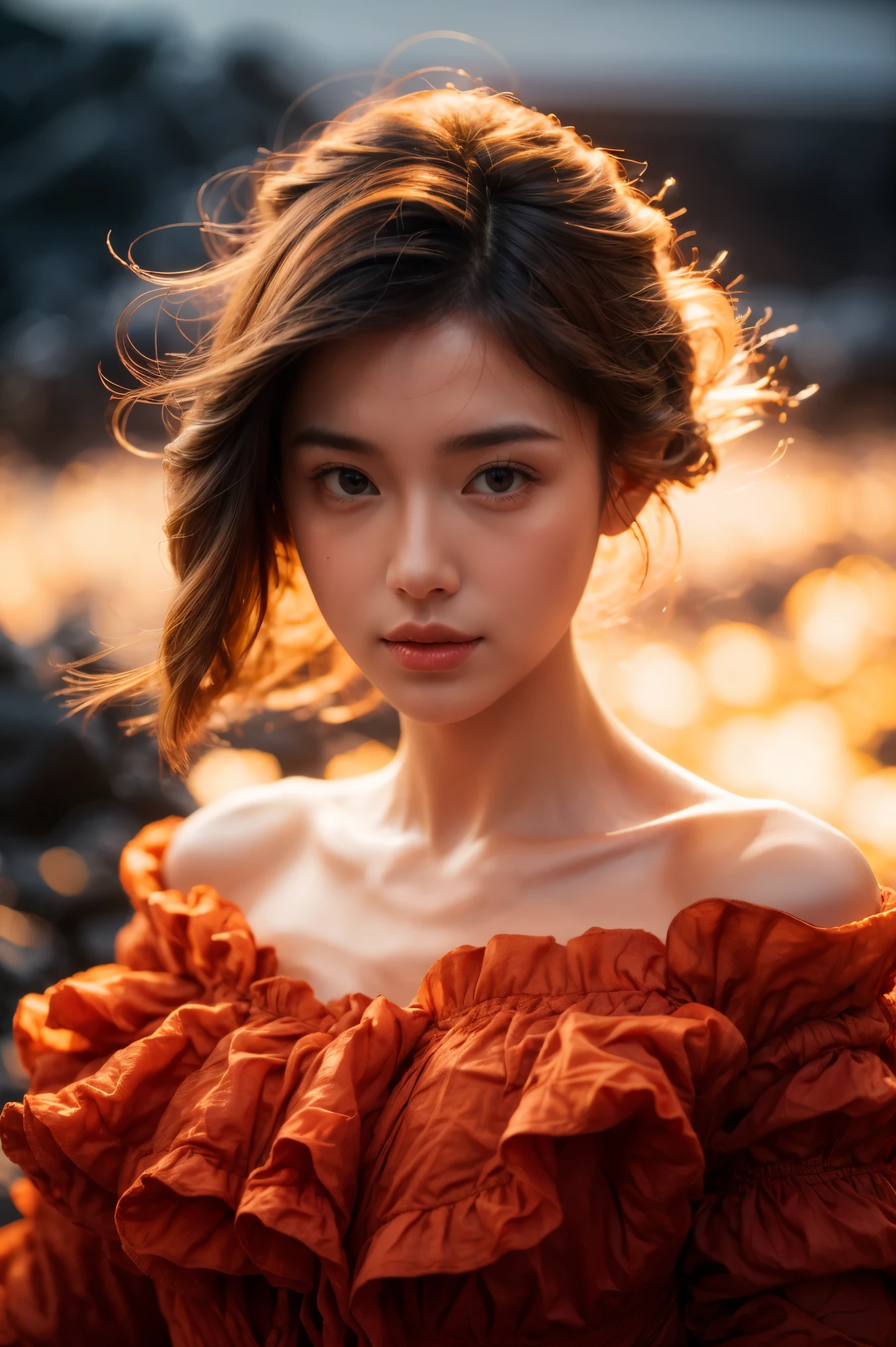 1woman, Backless Dress, red hair, drill hair, hairclip, fingersmile, Surrealism, chiaroscuro, close-up, wide shot, from outside, Fujifilm, UHD, masterpiece, anatomically correct, textured skin, super detail, high details, high quality, highres, 1080P , Asian Girl 22years old