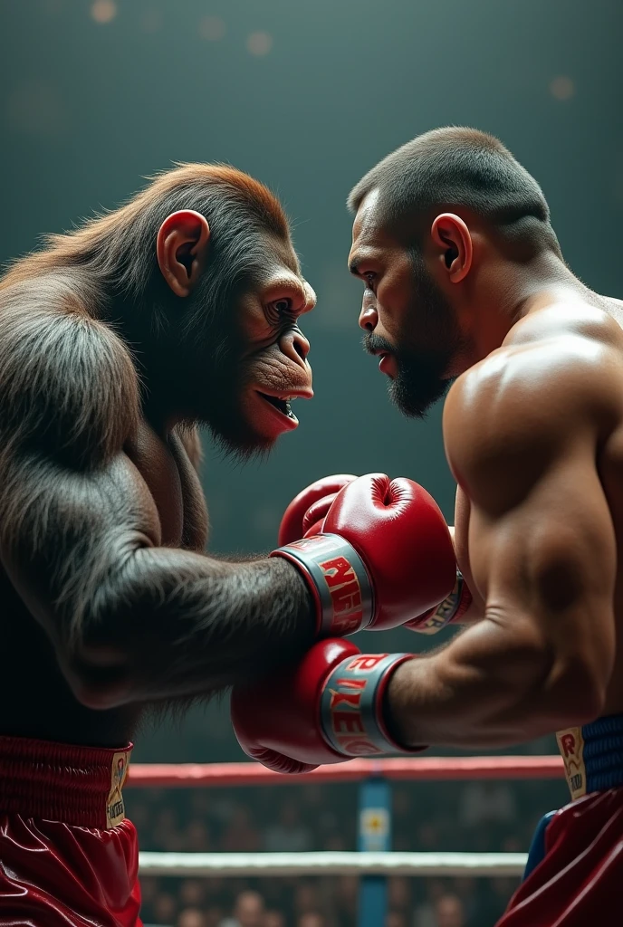 muscular (gorilla), (boxing gloves), ((top quality, 8K, masterpiece: 1.3)), stadium, boxing ring, (detailed), (best quality), aesthetic gorilla body, (two gorillas), fighting, ((looking at eachothe))