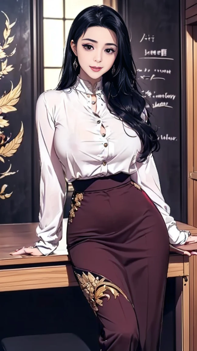 "(perfect masterpiece:1.2), (best quality:1.2), stunning face,  compensate, Long, luxurious eyelashes, Overall lip, irresistible charm.",(((mature woman))),(((Double tail)))，raise arms,NSFW,(((chubby)))，((((Uniforms)))，hairpin，wallpaper，black hair，Very long bangs，hair between eyes，(((very fat)))，((((Mother))))，lipstick，((((side))))