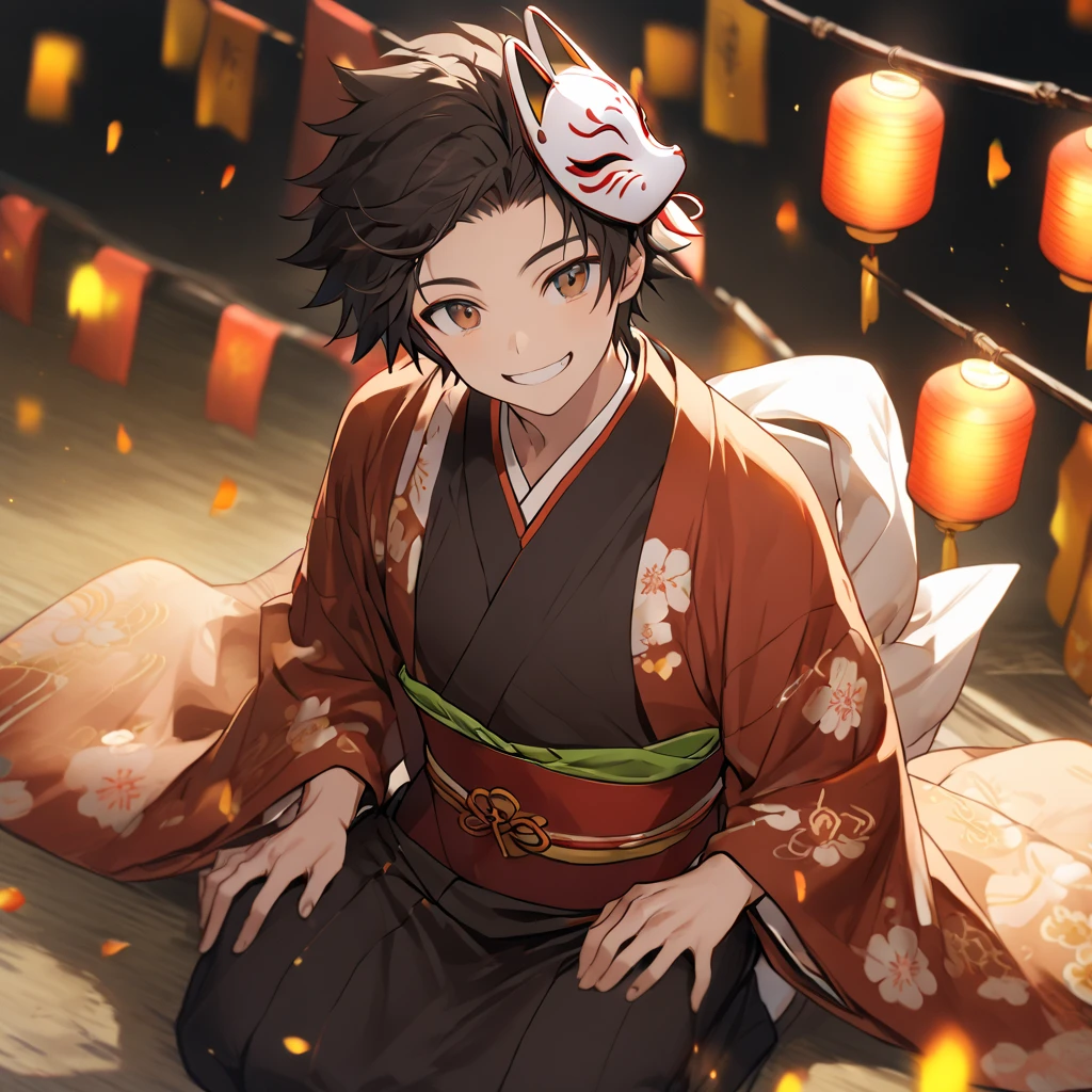 A dark-haired man wears a fox mask on his head、seiza、smile、kimono、solo