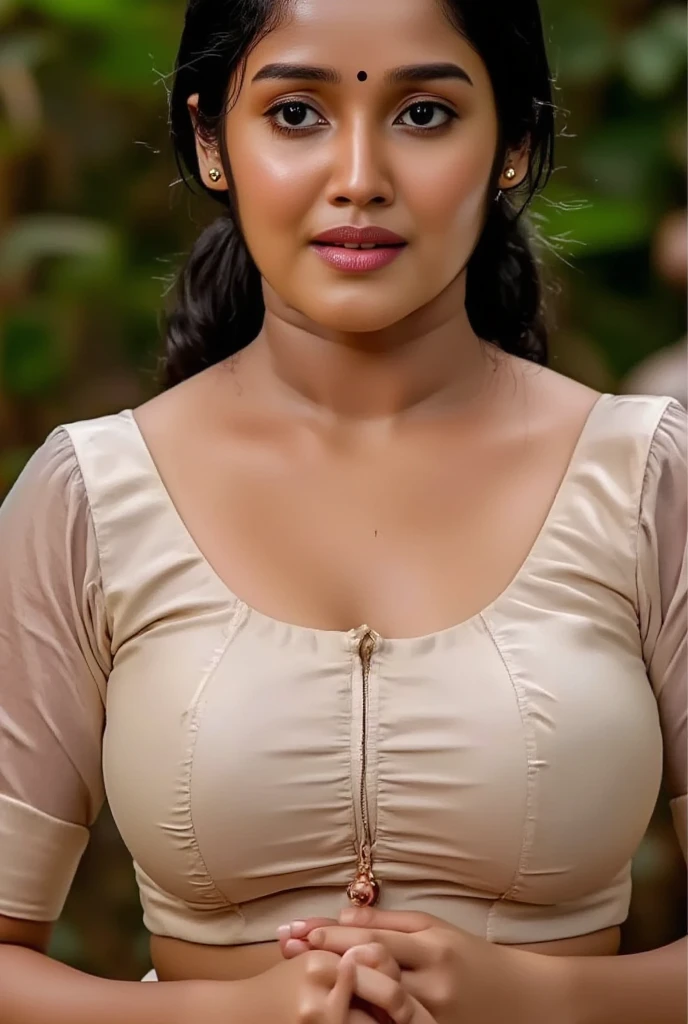 Indian woman, standing position, full front view , visible big  cleavage and nipple, full body image , front view hip visible with sexy hip fold,  standing in a street, ultra-detailed, photorealistic, 8k, best quality, intricate details, wearing very vintage style light  tamil cotton blouse with very small tight silver hooks , looks exactly like Anikha Surendran  , very good cleavage 