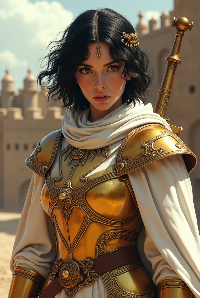 An arabian female knight, light brown eyes, black choppy curly bangs hairstyles, menacing face, amber color armor adorned with jewelry, drew a sword in front of her face, white robes, conquered fortress background.