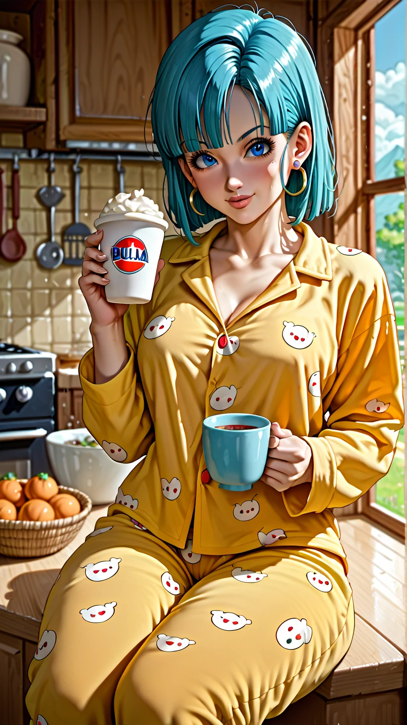 Masterpiece, Bulma from Dragon Ball (horny face expression), (wearing sexy tight pajamas), thick thighs, wide hips, alone, no wolves, comics, fantasy, sfw, onis, sitting, holding a cup, kitchen background of a house