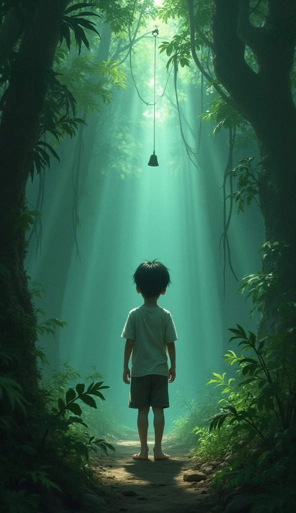 A small blind boy with short black hair stands crying in a forest surrounded by tall trees.