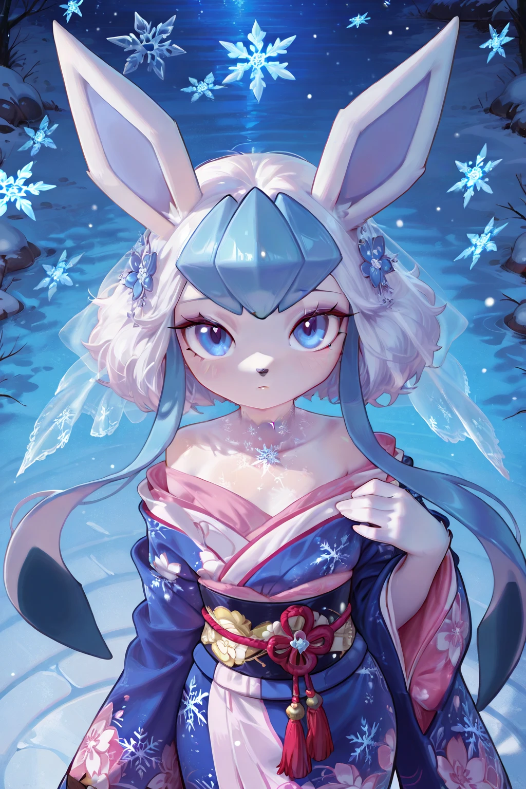 2D cartoon Disney character digital art of solo, kawaii, chibi female, young, anthro kizune, full white fur, glaceon:1.5, perfect antrho hands, perfect eyes, shoulderless blue and pink_kimono, transparent fur like ice, made of ice, seethrought bob hair, bare shoulders, three quarters.1.5, (rukia's bankai):1.5, flat chest:1.3char1 catches a snowflakes falling from above, aerial, full (top to bot):1.5, winter night, snowflake close_up, dynamic:1.5, sdxl, masterpiece, breathtaking, professional illustration, artic's auroras, flatlines, lineless, like art nouveau:1.3, (Impasto style:1.25), by oouna:1.2, (nova diffusion xl). superb linework, classic 2D Disney style art, close-up, inspired by the art styles of Glen Keane and Aaron Blaise, Disney-style character concept with a Disney-style face, (trending on artstation), Disney-style version of solo, kawaii, chibi female, young, anthro kizune, full white fur, glaceon:1.5, perfect antrho hands, perfect eyes, shoulderless blue and pink_kimono, transparent fur like ice, made of ice, seethrought bob hair, bare shoulders, three quarters.1.5, (rukia's bankai):1.5, flat chest:1.3char1 catches a snowflakes falling from above, aerial, full (top to bot):1.5, winter night, snowflake close_up, dynamic:1.5, sdxl, masterpiece, breathtaking, professional illustration, artic's auroras, flatlines, lineless, like art nouveau:1.3, (Impasto style:1.25), by oouna:1.2, (nova diffusion xl)