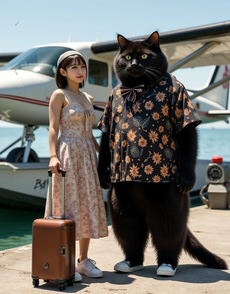 ultra-realistic, photorealistic, dramatic scene, shadow, global-illumination, solo, 1 girl\( 20 years old Japanese beautiful girl, beautiful with cute face, wearing a cute patterned one-piece dress with long skirt, pastel camisole, shoulder-length brown hair, accessories, simple sneaker, elegant hat\), 1 human-like giant black cat\( human-like giant black cat, bow tie, wearing a conservative aloha-shirt, slight taller than the girl, standing with her, wearing an dark colored aloha-shirt, holding a large suits case, little chubby\), the girl and human-like giant black cat are about to board the private flying boat moored at the private seaplane port, old flying boat with single propeller, monoplane