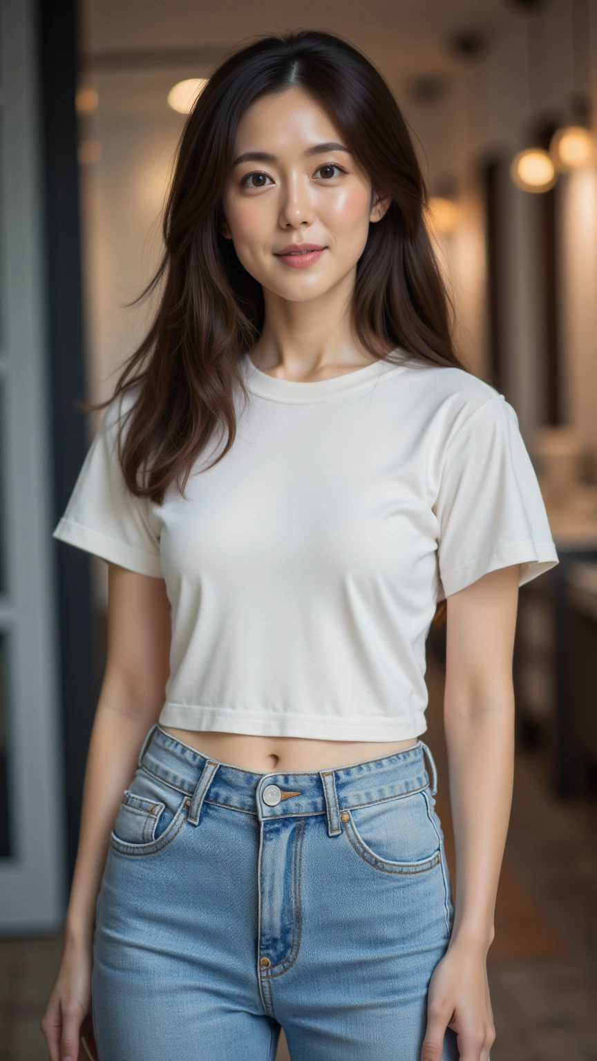 UHD, 16k, Masterpiece, top quality, global-illumination, ultra-realistic, Korean middle-aged woman,  ((  Long brown hair, white short-sleeved crop tops that reveal the waist, light blue high-waist jeans that go well with the shape, jeans have a slight ombre effect and look lighter underneath, looking straight at the camera, ))  (High-contrast background production, surrealist background)